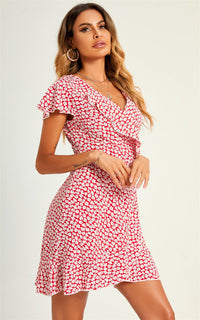 Little Floral Print Hem Mini Wrap Dress In Red
