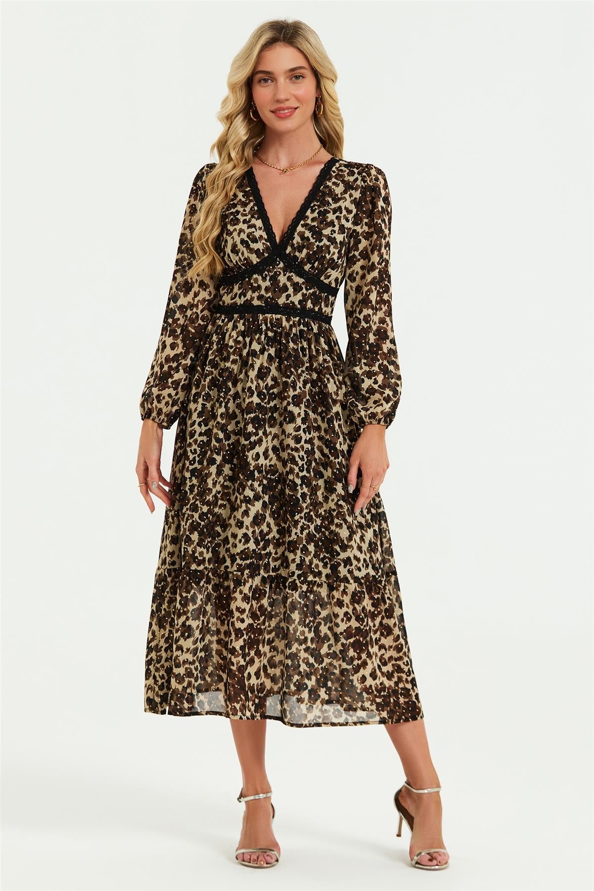 Leopard Print Foil Lace Trim Long Sleeve Maxi Dress In Brown