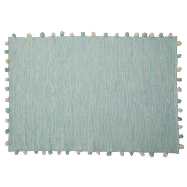 Sage Green Kids Rectangular Hand-Woven Rug with Pom-Poms