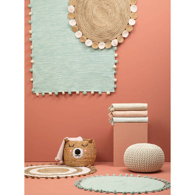 Sage Green Kids Rectangular Hand-Woven Rug with Pom-Poms