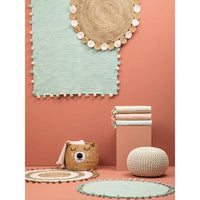 Sage Green Kids Rectangular Hand-Woven Rug with Pom-Poms