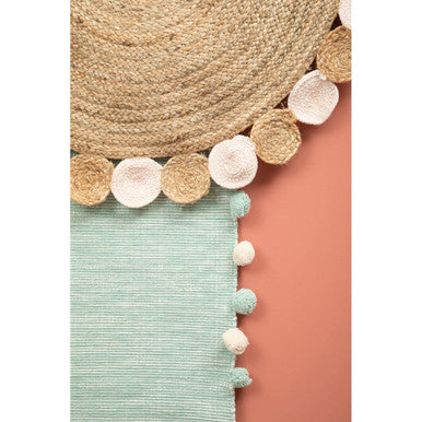 Sage Green Kids Rectangular Hand-Woven Rug with Pom-Poms