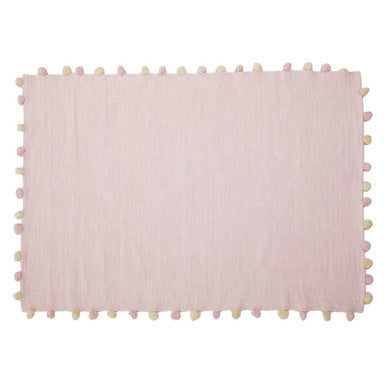 Kids Rectangular Pink Hand-Woven Rug with Pom-Poms