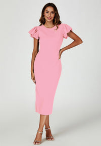 Volume Sleeve Bodycon Midi Dress In Pink