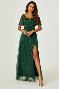 Silver Sparkly Empire Waist Bridesmaid Maxi Dress In Green