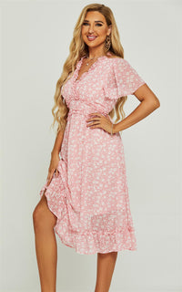 Angel Sleeve Frill Detail V Neck Midi Dress In Pink Flora Print