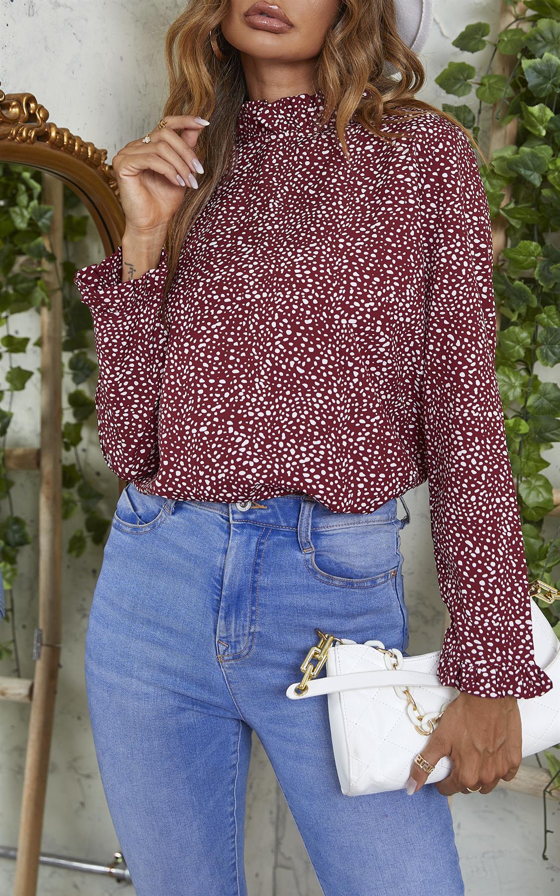 Frill Detail High Neck Top In Wine Red & White Animal Print