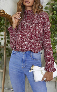 Frill Detail High Neck Top In Wine Red & White Animal Print