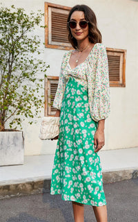 Daisy Floral Heart Neck Puff Sleeve Midi Dress In Green