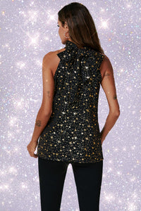 Gold Foil Star Halter Neck Tie Back Top In Black