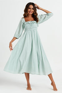 Frill Detail Square Neckline Midi Dress In Light Green