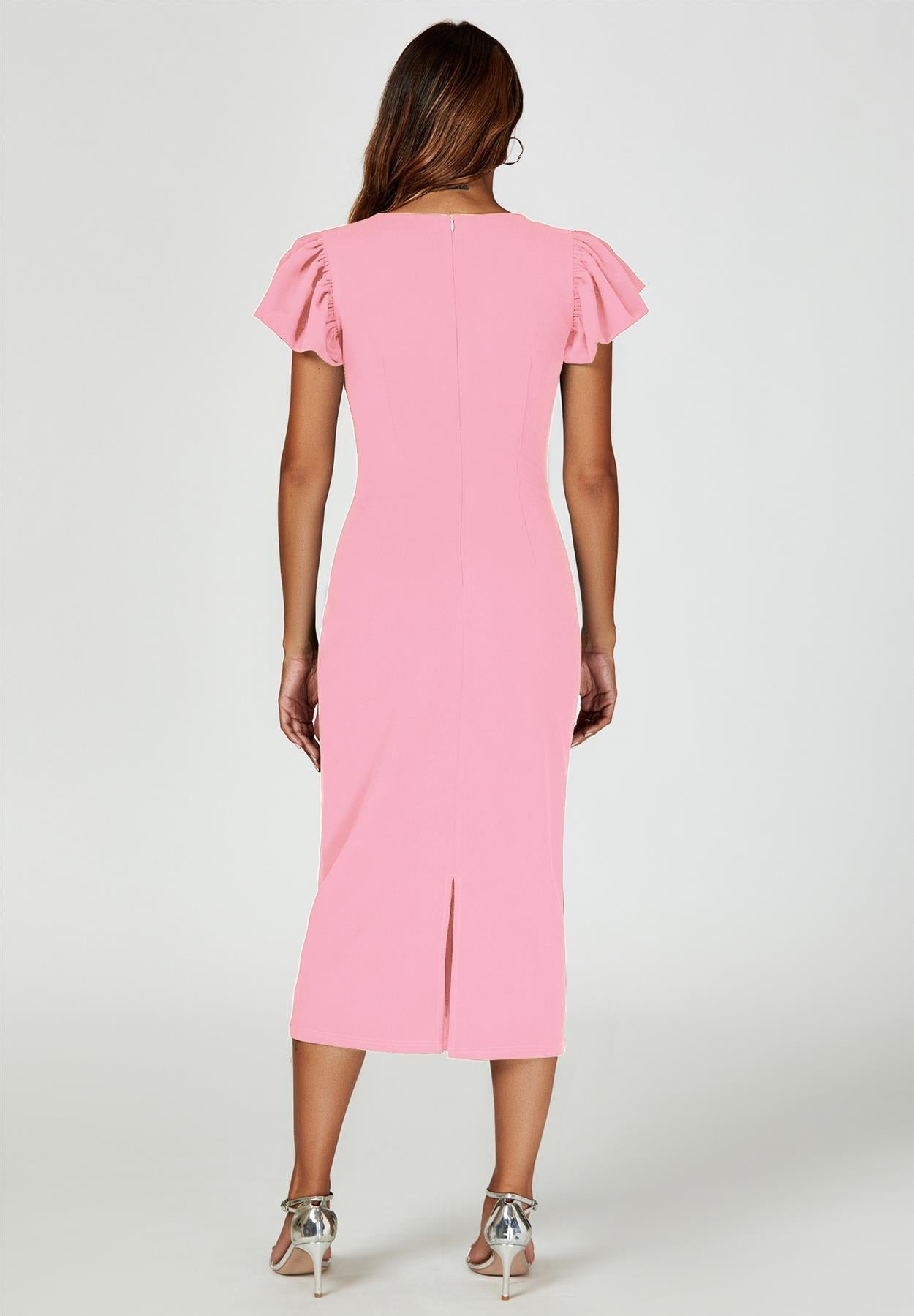 Volume Sleeve Bodycon Midi Dress In Pink