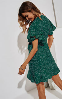 White Dot Mini Wrap Style Dress In Green