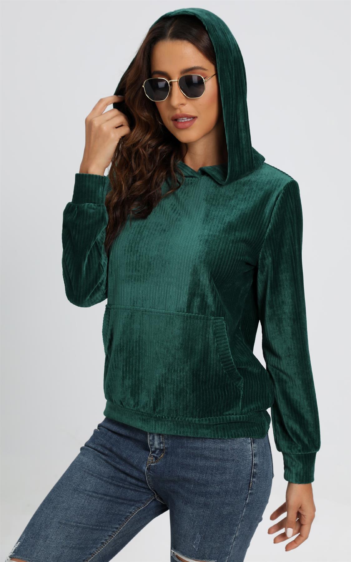 Velvet Hoodie Top With Pocket In Green