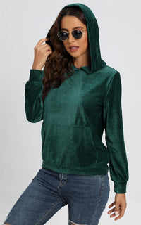 Velvet Hoodie Top With Pocket In Green
