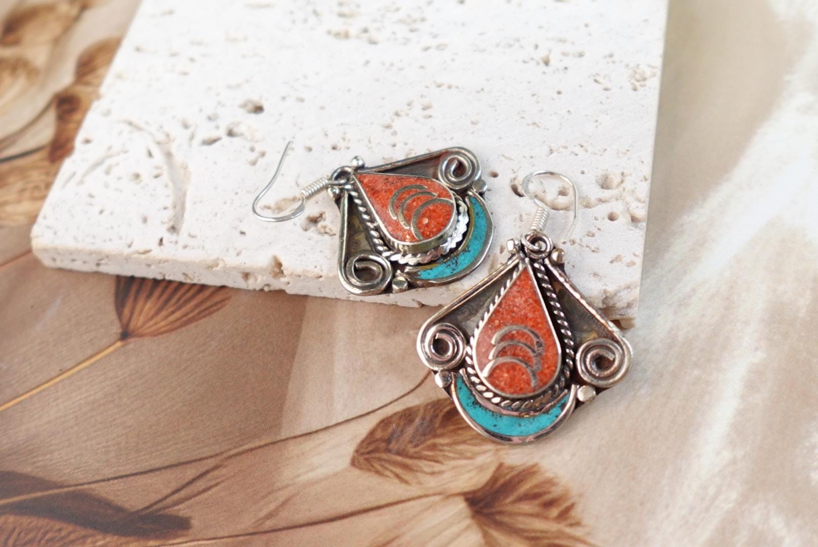 Tibetan Earrings, Turquoise and Coral Boho Earrings.
