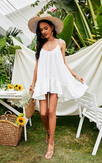 Hem Detail Summer Tiered Strappy Dress In White