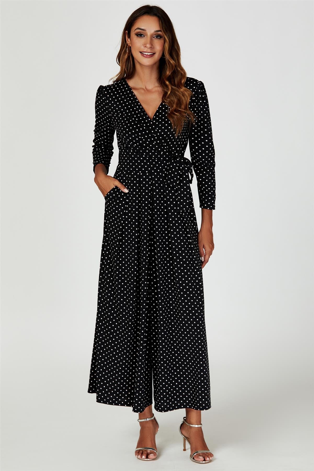 Dot Print Wrap Top Jersey Jumpsuit In Black