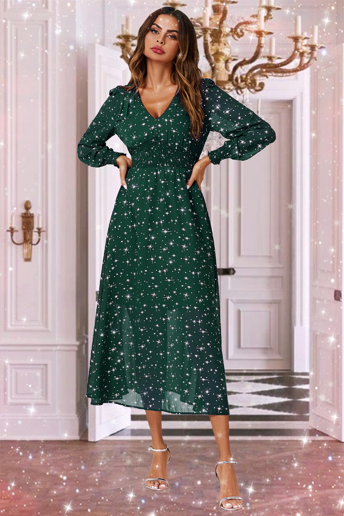 Silver Star Foil Long Sleeve Maxi Dress In Green