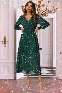 Silver Star Foil Long Sleeve Maxi Dress In Green