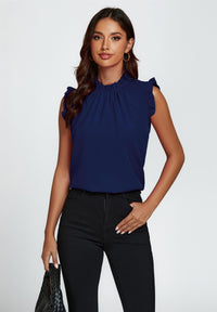 Frill Trim Sleeve Frill Neck Blouse Top In Navy