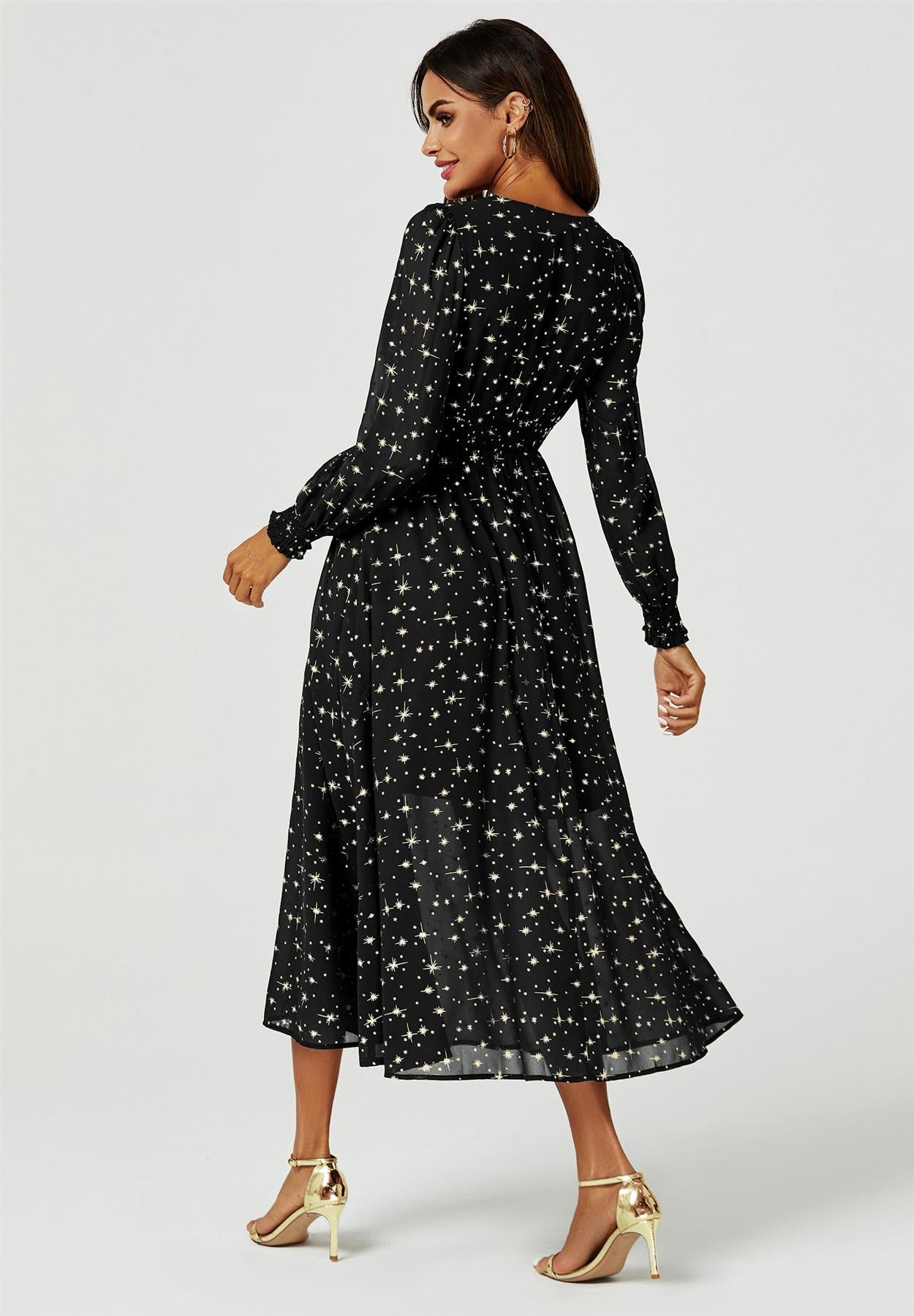 Gold Star Foil Long Sleeve Maxi Dress In Black