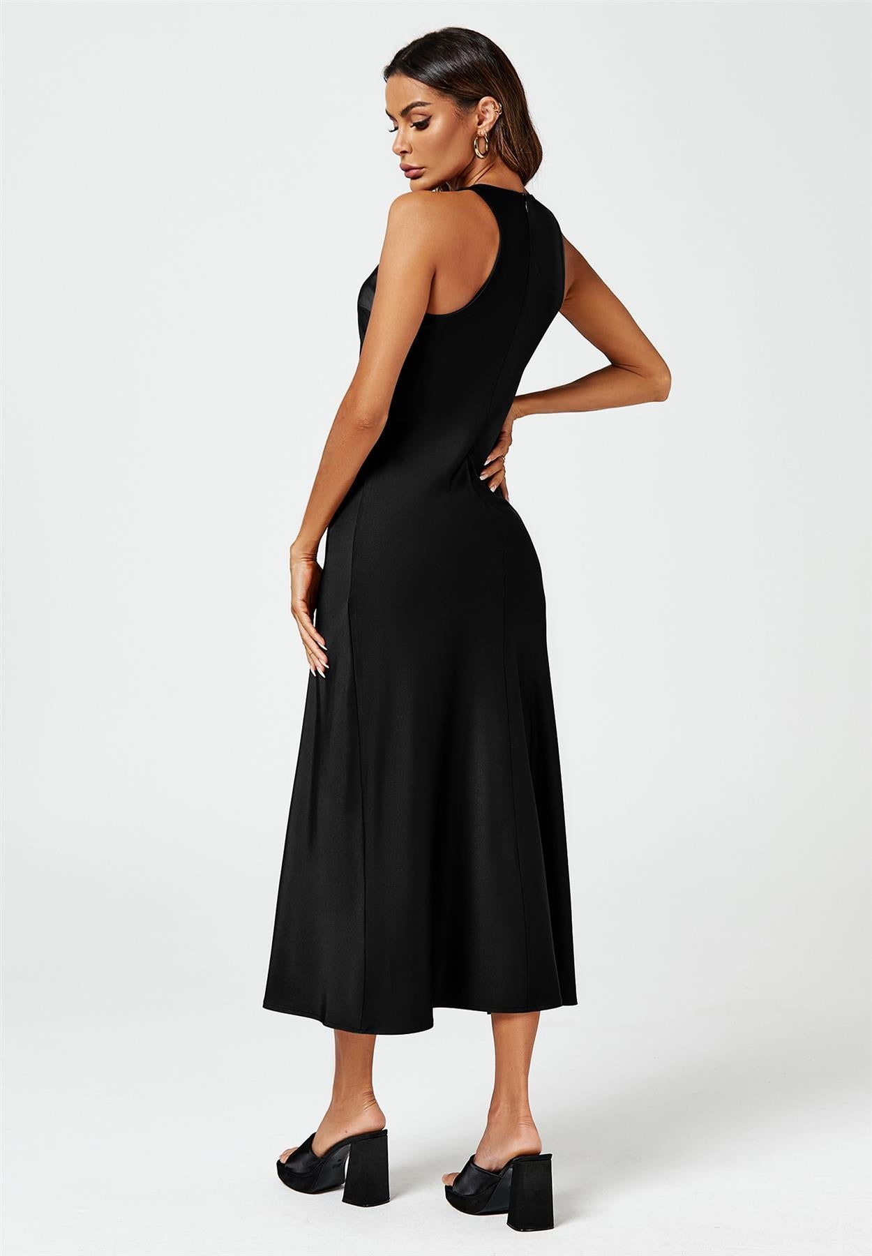 Slim-Fit Satin Midi Dress In Black