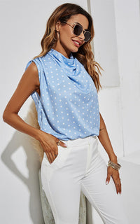 High Neck Sleeveless Blouse In Blue & White Polka Dot
