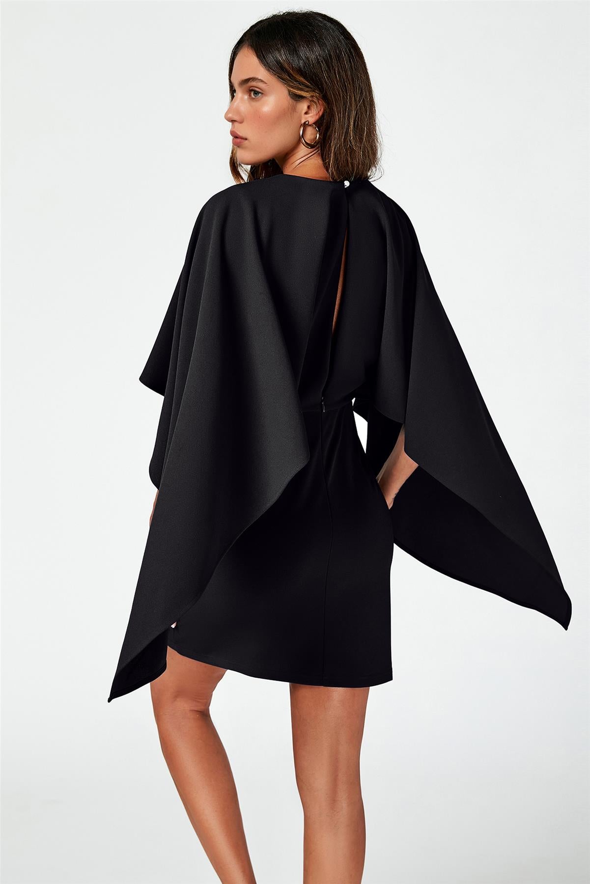 Back Detail Jersey Mini Dress With Cape In Black