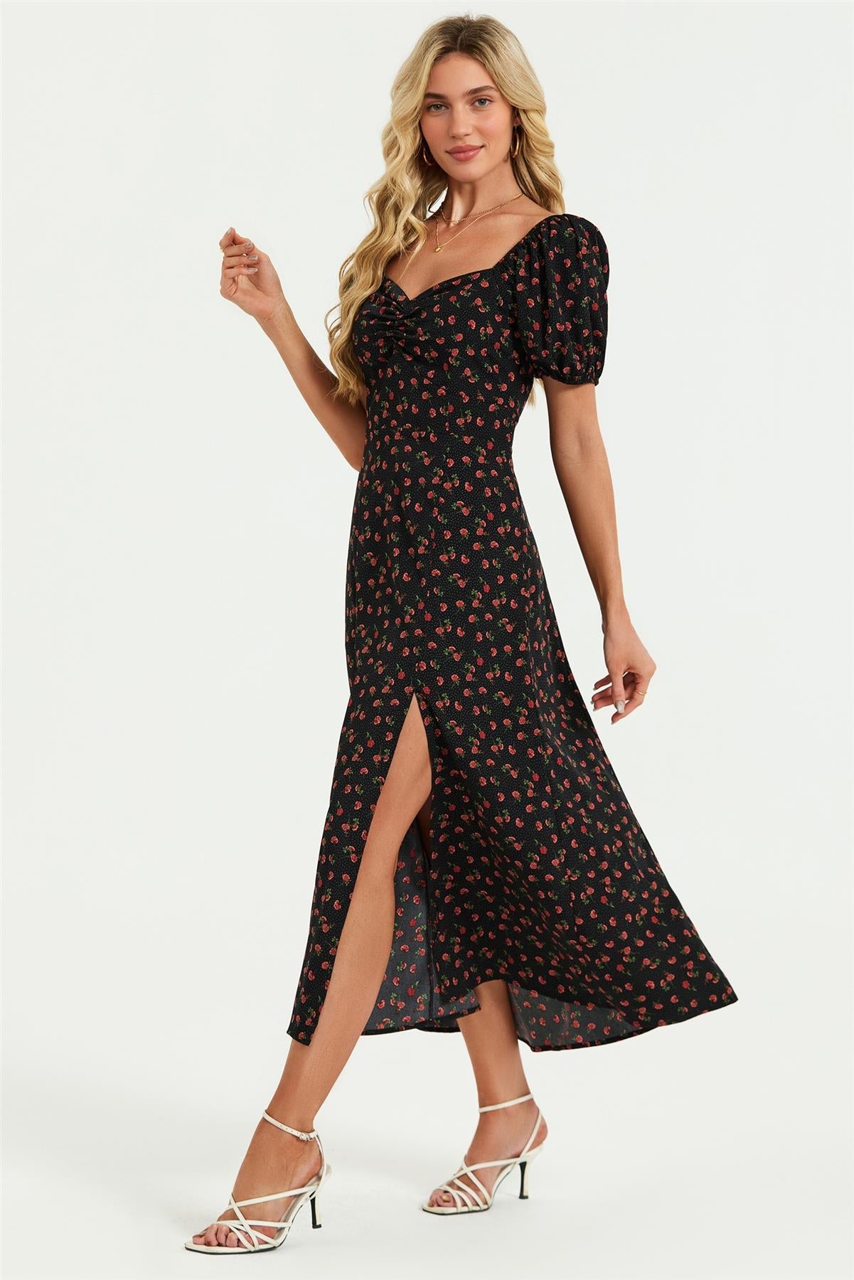 Puff Sleeve Heart Neckline Midi Dress In Black