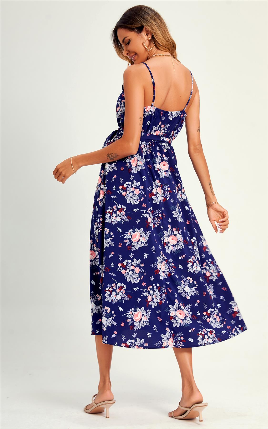 Flora Print Strap Midi Dress In Blue