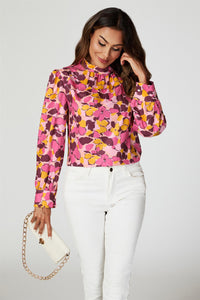 Floral Print Long Sleeve High Neck Top In Pink