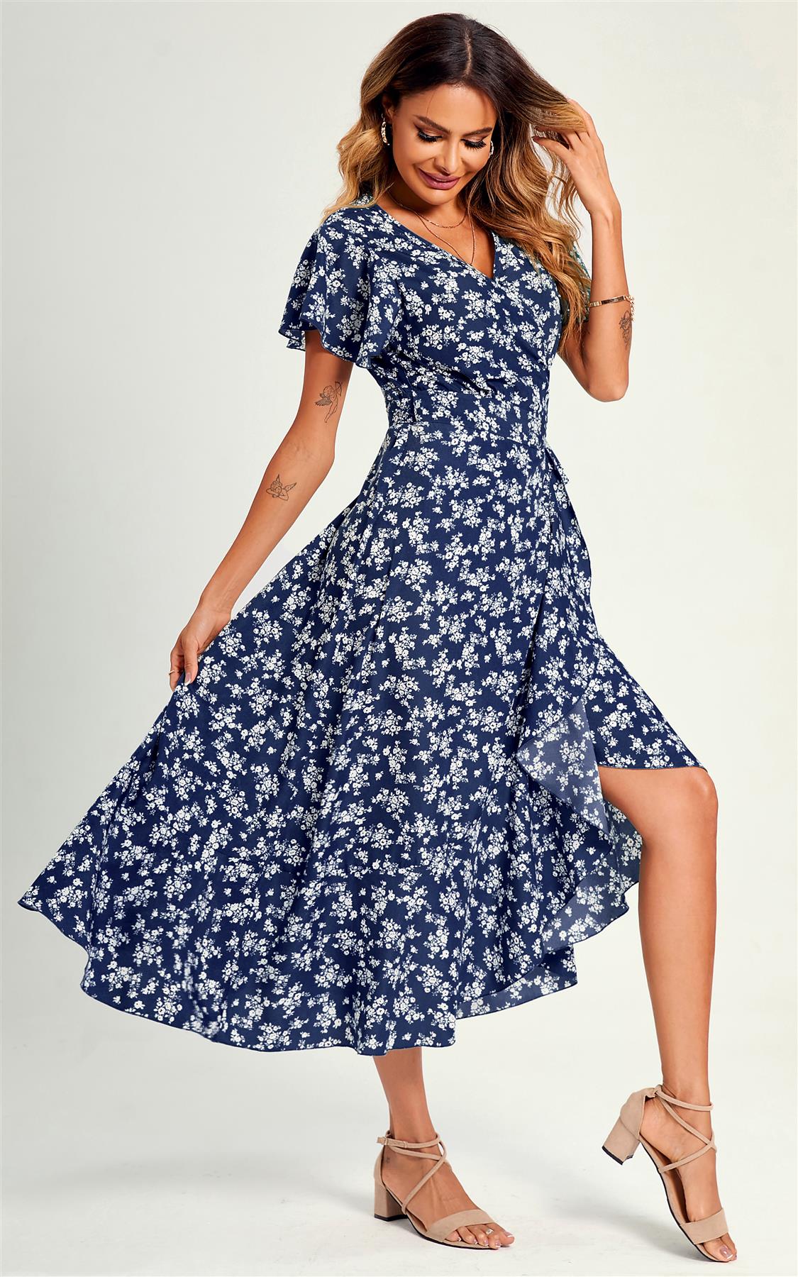 Summer Little Floral Print Hem Wrap Midi Dress In Navy