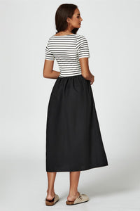 Short Sleeve Black Stripe Midi Dress In White