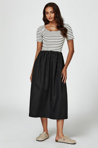 Short Sleeve Black Stripe Midi Dress In White