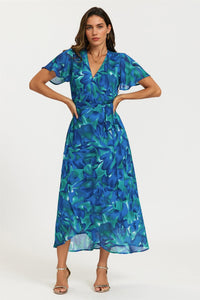Abstract Floral Print Wrap Maxi Dress In Blue