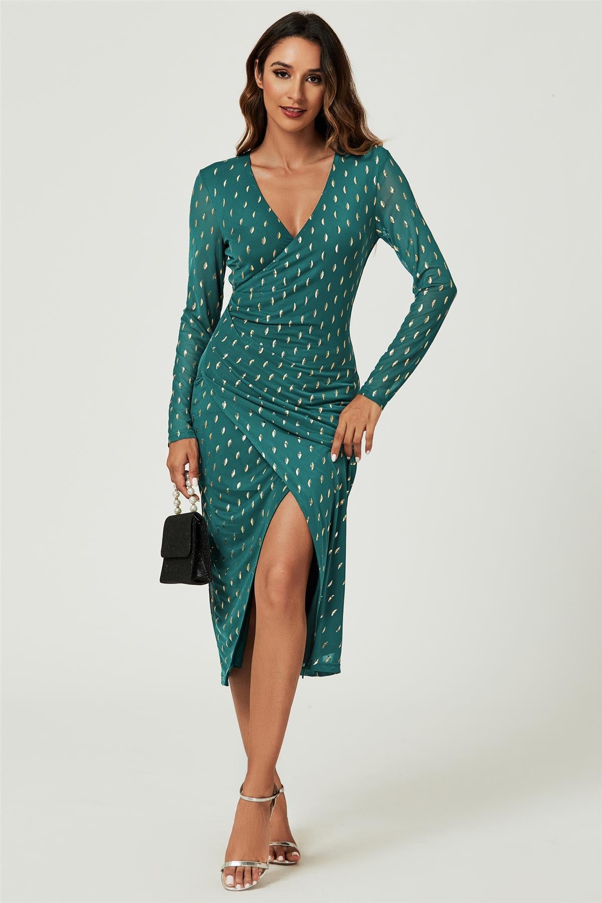 Foil Mesh Long Sleeve Midi Dress In Green