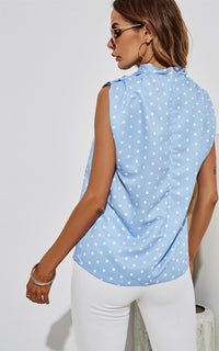 High Neck Sleeveless Blouse In Blue & White Polka Dot