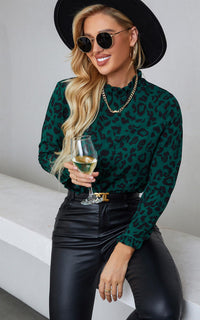 Forest Green Black Leopard Print Frill Detail High Neck Top