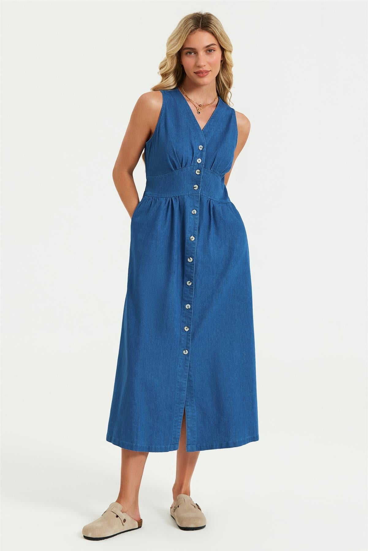 Button Down Denim Midi Dress In Blue