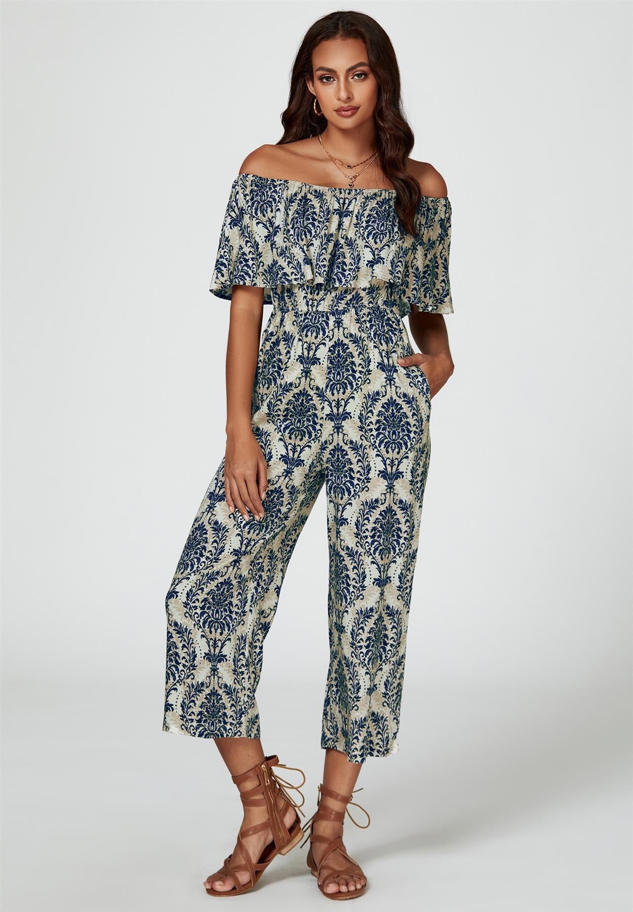Off The Shoulder Print Frill Jumpsuit In Navy