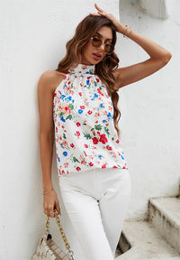 Multicolour Floral Print  Halter Neck Tie Back Top In White