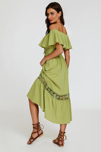Lace Detail Bardot Maxi Dress In Green