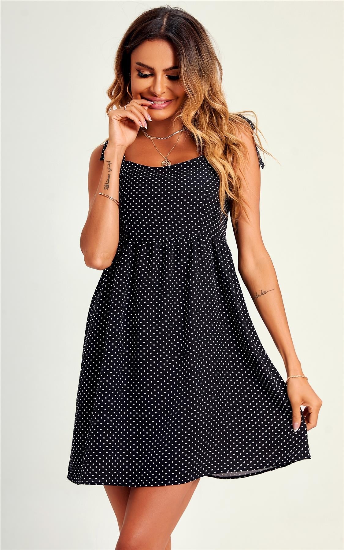 Polka Dot Print Hem Detail Strap Mini Dress In Black