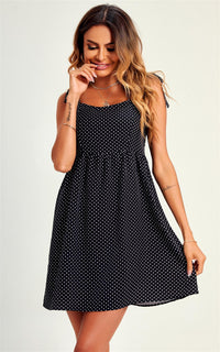 Polka Dot Print Hem Detail Strap Mini Dress In Black