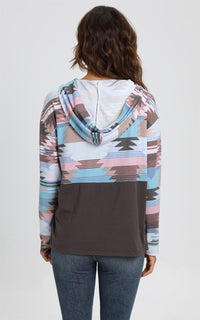 Geometric Print Hoodie Top With Pocket In Grey