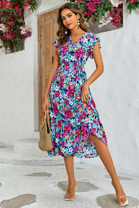 Multi Colour Floral Print Wrap Dress In Navy
