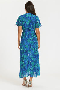 Abstract Floral Print Wrap Maxi Dress In Blue
