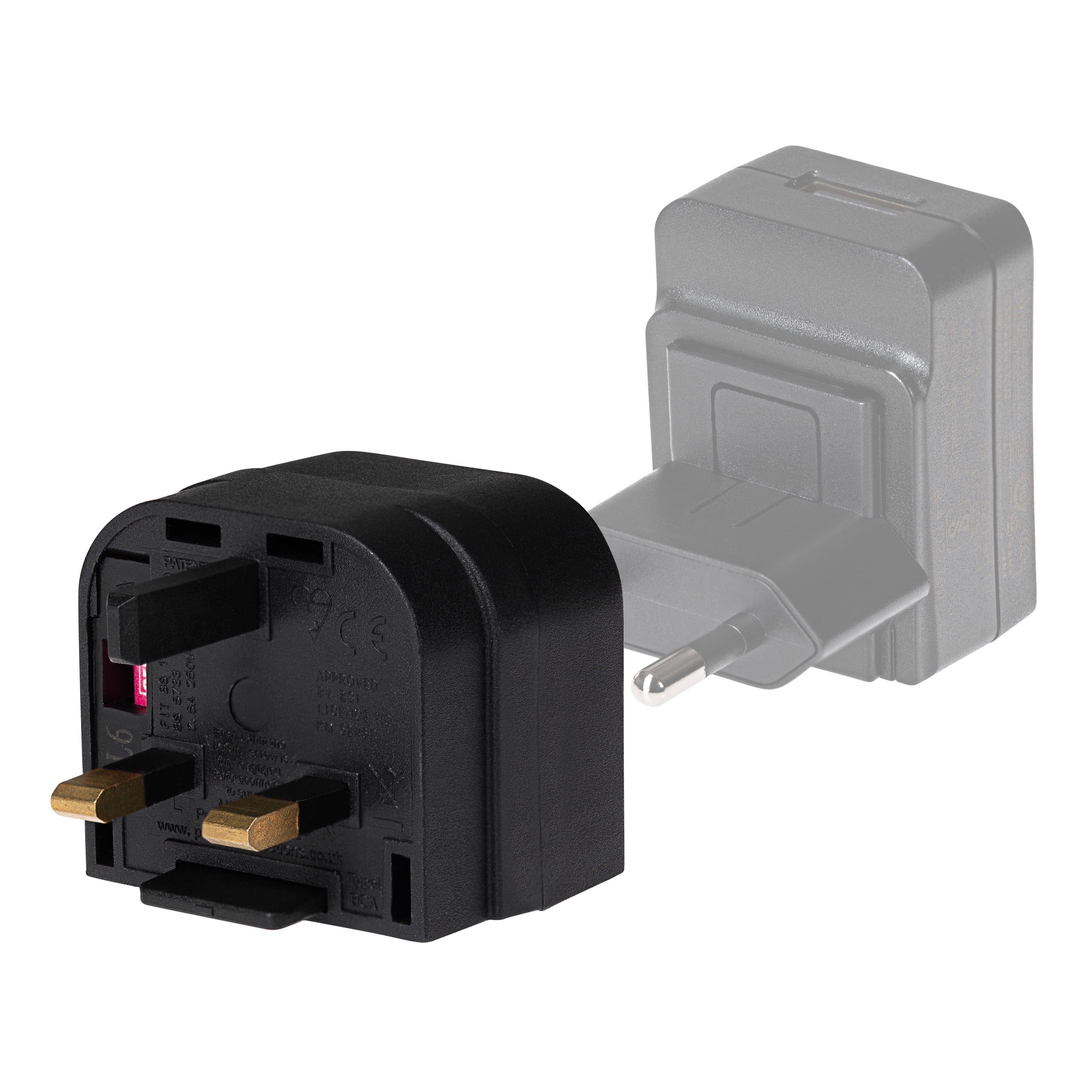 Maplin EU 2 Pin Mains Plug to UK 3 Pin Mains Plug Converter with 3 Amp Fuse - Black