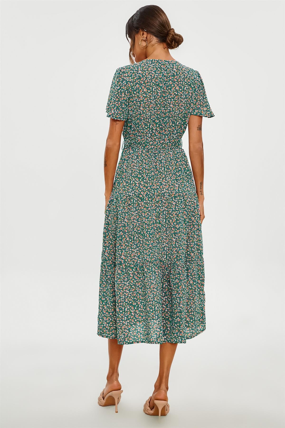 Orange Floral Print Hem Tiered Wrap Midi Dress In Green